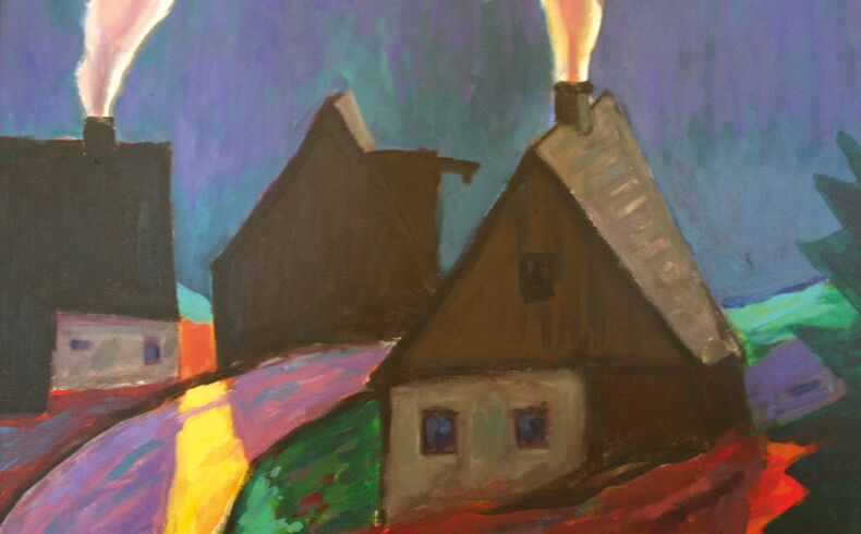 Roland Buschmann, Talstraße, 2013. Leuchtendes und farbintensives Gemälde mit drei Erzgebirgshäusern, die sich dunkel abheben (Gegenlichtstimmung), markante Rauchfahnen aus den Schornsteinen zweier Gebäude