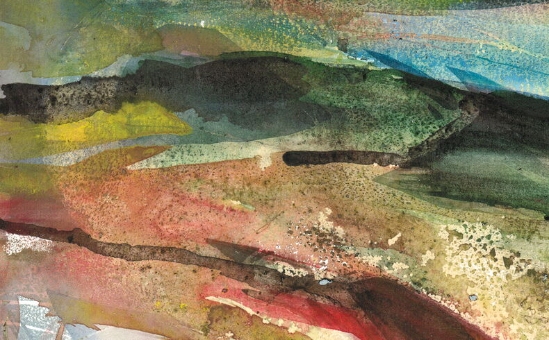 Aquarell mit einer dichten Struktur und nuancenreicher Farbigkeit. Die Spuren des Pinsels sind deutlich erkennbar, verschiedene Farben überlagern sich. Im Hintergrund deutet sich eine langgestreckte Horizontlinie und ein größerer Bergrücken an.