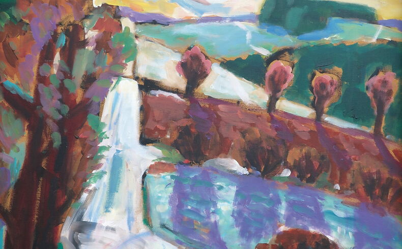 Expressive Malerei mit einer vorwinterlichen Stimmung, links führt ein Weg am Waldrand entlang, rechts deuten sich Wiesen und Bäume an.