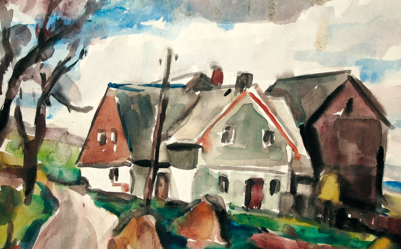 Landschaftsaquarell mit großzügigen, hellen Farbflächen, von links führt ein Weg in die Bildtiefe, am Rand zwei großen Laubbäume, in der Mitte nach rechts ein großer Bauernhof mit Scheune, sommerliche Stimmung