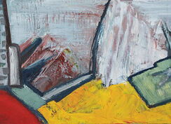 eher abstrakte Landschaftsstrukturen mit roten, gelben und hellgrün/hellgrauen Farbflächen, links Andeutung einer Hausmauer mit Natursteinen, rechts eines Baumstammes, aber ohne Baumkrone