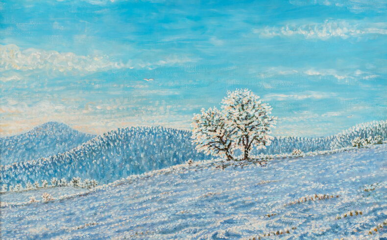 Werner Franz, Landschaft bei Grumbach, 1999. Winterlandschaft in kaltem Blau, Blick über ein Feld zu einer Baumgruppe, im Hintergrund geschwungene Bergrücken, feine, gepunktete bzw. kristalline, Pinselstrukturen