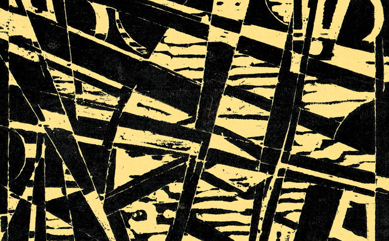 Holzschnitt mit schwarzer Farbe auf dunkelgelbem Papier, Komposition mit verschiedenen vertikalen und horizontalen Linien und Flächen, Kreisen und Kreissegmenten