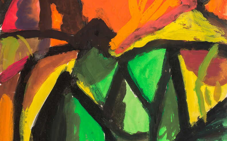 Fritz Keller, Grüne Häuser am roten Berg, ca. 1970 - 1980. Expressive und abstrahierte Landschaft mit grünen Häusern im Vordergrund, dahinter Bergrücken und Bäume, leuchtende Farbgebung mit grün, gelb und orange sowie schwarzem Liniengerüst