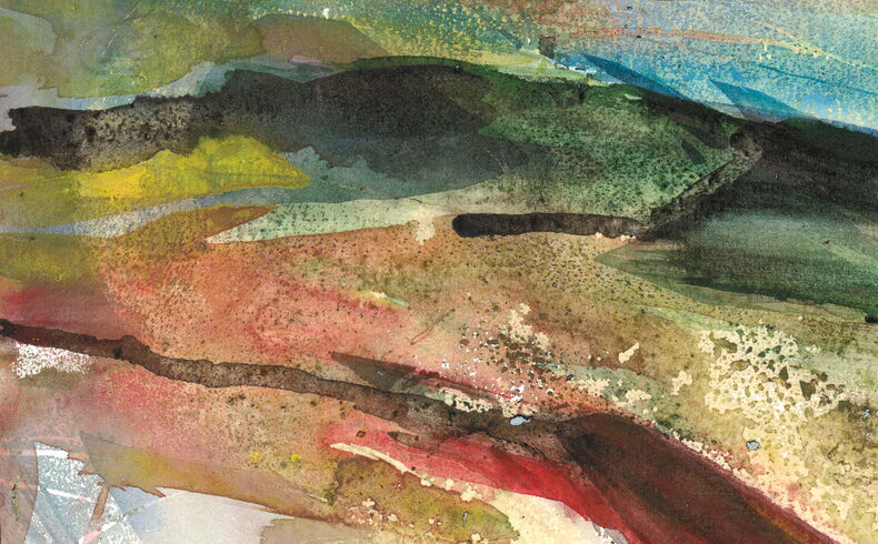 Aquarell mit einer dichten Struktur und nuancenreicher Farbigkeit. Die Spuren des Pinsels sind deutlich erkennbar, verschiedene Farben überlagern sich. Im Hintergrund deutet sich eine langgestreckte Horizontlinie und ein größerer Bergrücken an.