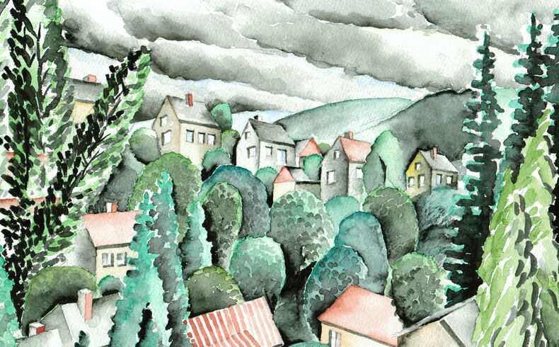 Karl Herrmann, Pappel in der Schräge, Aquarell mit Blick auf eine erzgebirgische Siedlung mit verschiedenen Häusern und Bäumen, am linken Bildrand eine geneigte Pappel, am rechten Rand weitere Bäume, überwiegend grau-grüne Farbgebung mit roten Akzenten