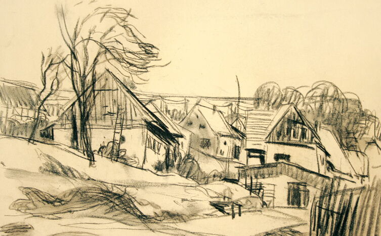 Locker ausgeführte Landschaftsstudie mit Erzgebirgshäusern, Scheunen und Schuppen, links am Hang ein großer Laubbaum, im Vordergrund von links kommend ein Weg in die Bildtiefe führend, rechts ein Zaun